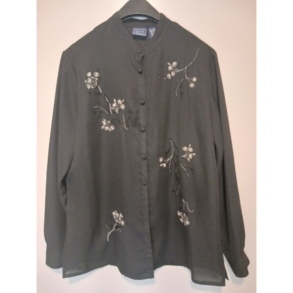 Laura Scott Cottagecore Sheer Long Sleeve Button‎ Down Shirt Top Floral 16